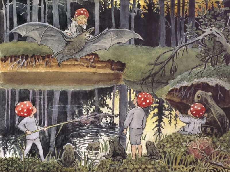 Söt illustration: barn med flugsvampar, grodor och en fladdermus vid en tjärn.