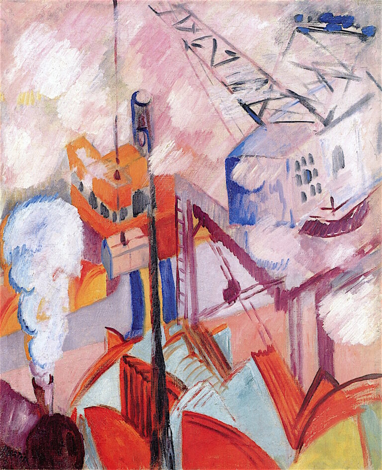 Abstrakt målning av en byggarbetsplats med kranar och rök.