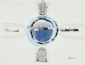 Britta Marakatt-Labbas broderi med renar runt en blå cirkel. Signerad "Britta M.L. - 2003".