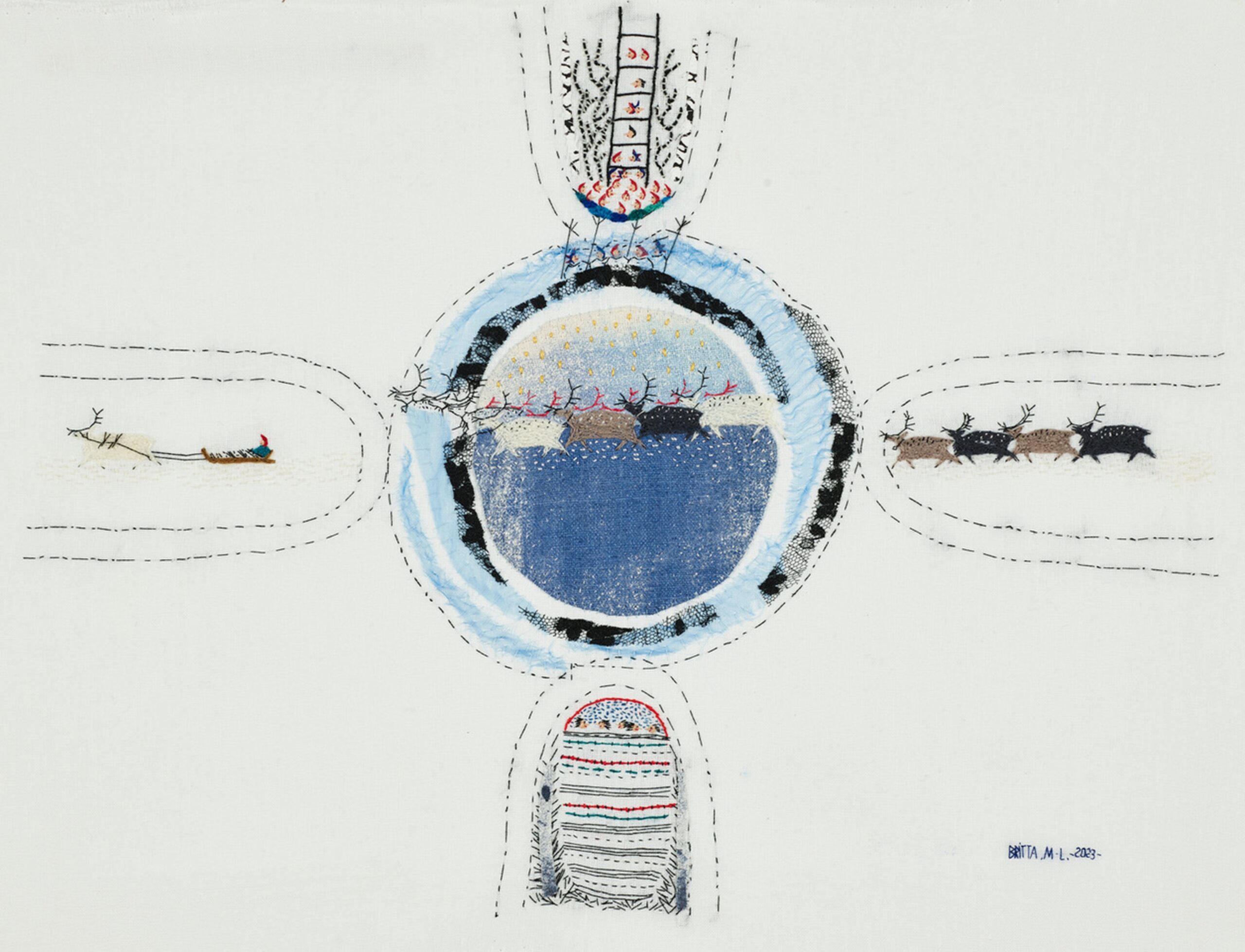 Britta Marakatt-Labbas broderi med renar runt en blå cirkel. Signerad "Britta M.L. - 2003".