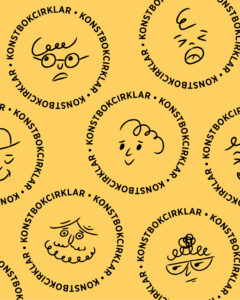 Illustration med ansikten i cirklar med texten "Konstbokcirklar".