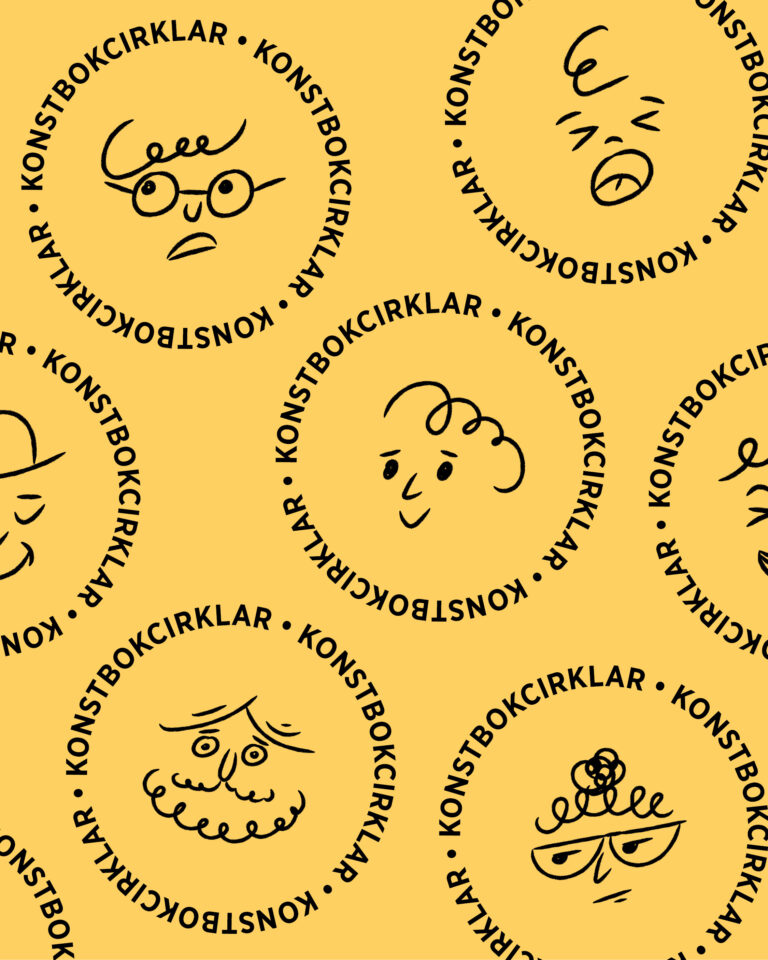 Illustration med ansikten i cirklar med texten "Konstbokcirklar".
