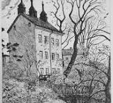 Illustration av ett gammalt hus med träd runt omkring.