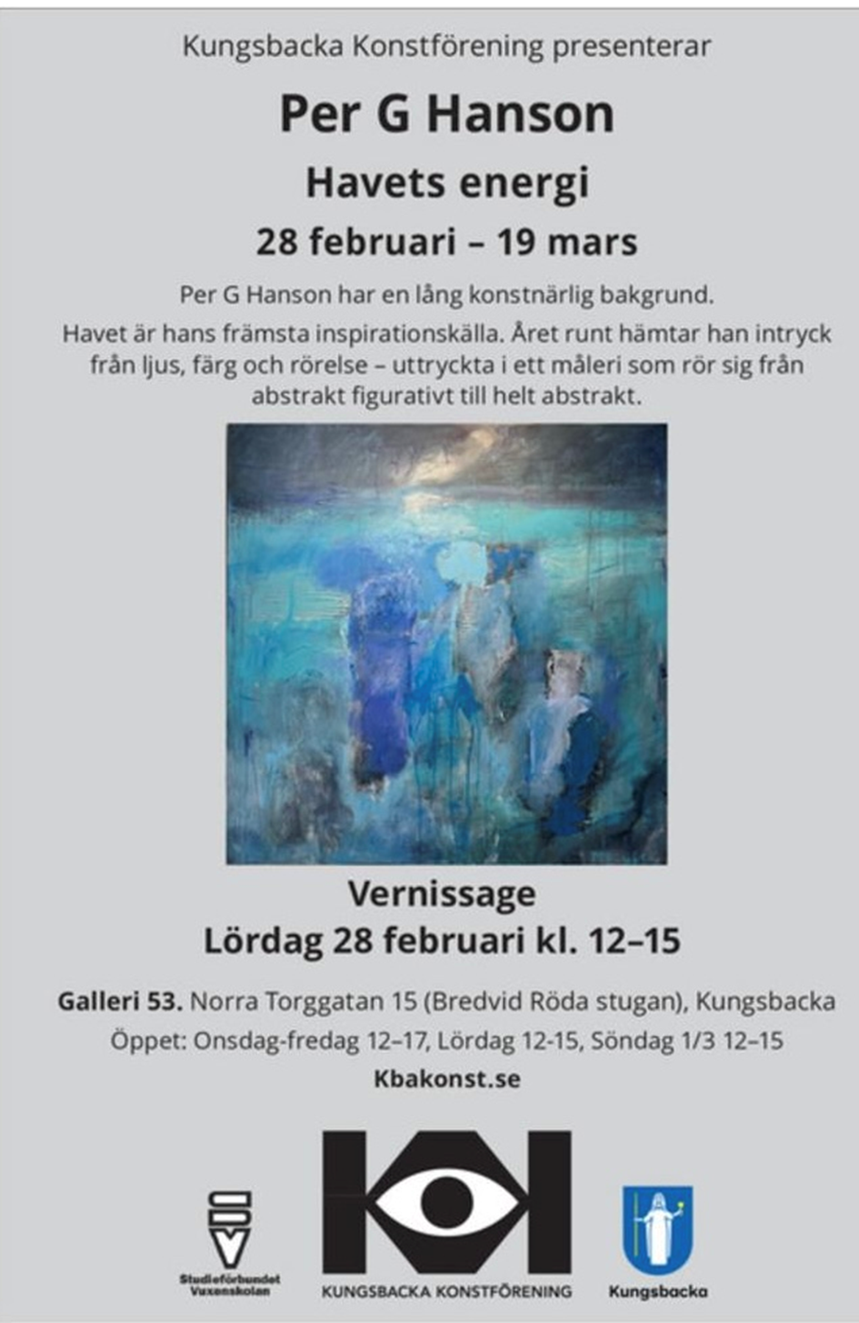 Affisch för Per G Hansons utställning "Havets energi" på Galleri 53 i Kungsbacka.