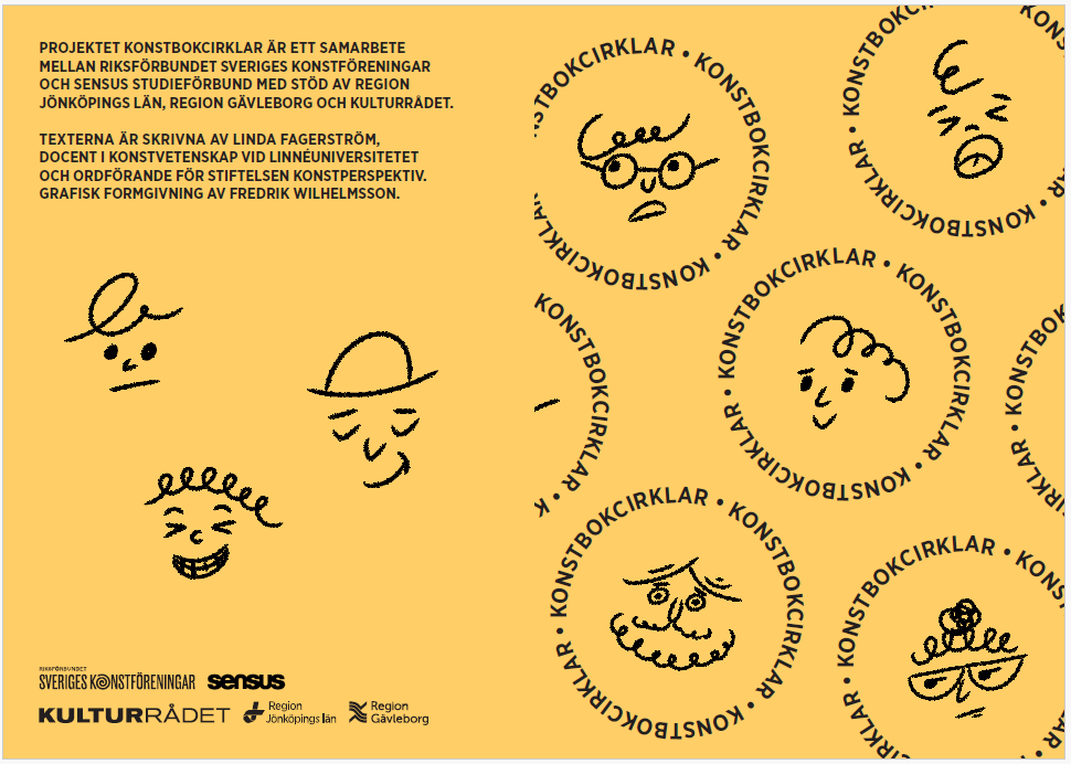 Grafisk design för "Konstbokcirklar" med tecknade ansikten och logotyper för Sveriges Konstföreningar, Sensus och regioner.