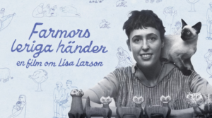 Affisch för "Farmors leriga händer", en film om Lisa Larson, med Lisa och en katt.