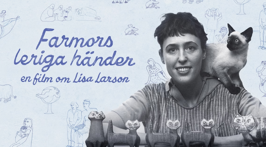 Affisch för "Farmors leriga händer", en film om Lisa Larson, med Lisa och en katt.