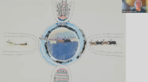 Britta Marakatt-Labbas konstverk med renar, släde och traditionella samiska motiv.