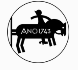 Svart siluett av ryttare på häst med texten "ANO 1743".
